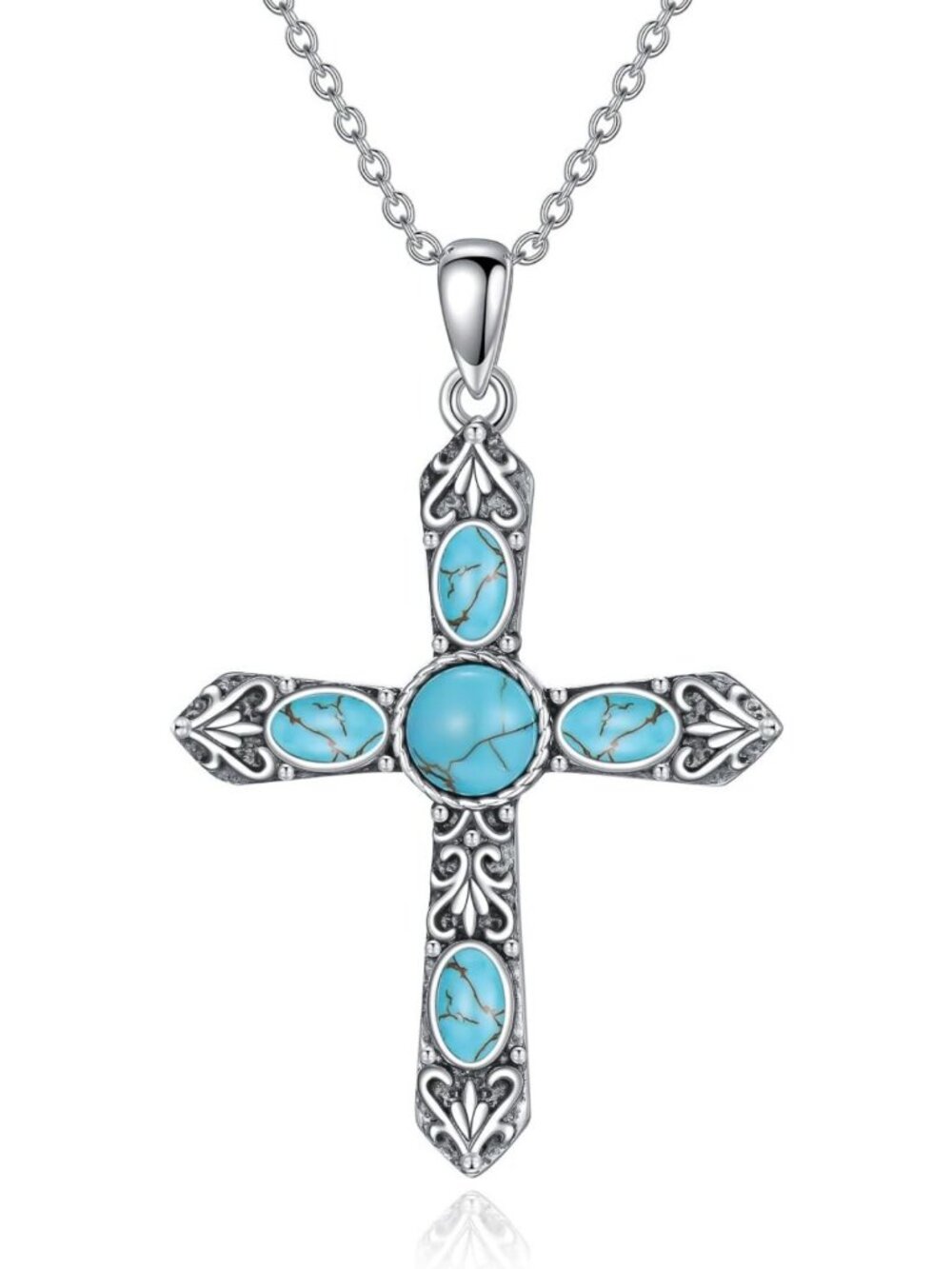 Turquoise Gemstone Cross Necklace - 925 Sterling Silver Southwestern Pendant
